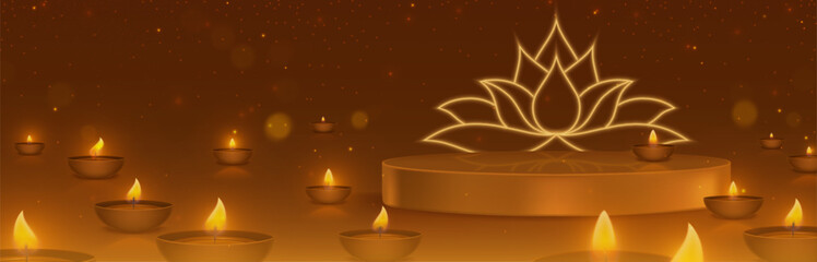 Diwali festival scene with glowing oil lamps and lotus decoration - traditional clay diya candles burning around golden podium. Festive Hindu celebration bg with sparkling lights and lantern flames.