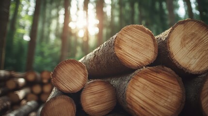 A vibrant image of freshly cut timber stacked in a serene forest, with sunlight filtering through the trees, showcasing the beauty of nature and natural resources.