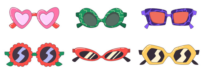 Cartoon sunglasses set with trendy frames and decorative patterns. Fun summer eyewear in various styles for beach vacation designs. Bright sticker pack for party props and seasonal decorations.