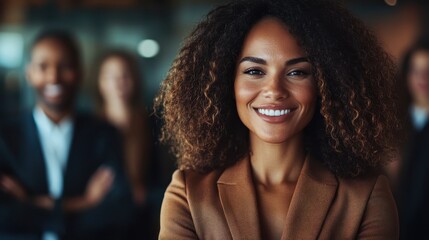 Obraz premium A confident woman with curly hair smiles warmly against a blurred backdrop of her professional peers, embodying self-assurance and strong leadership in a business setting.
