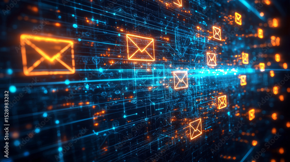 Poster digital email communication concept with glowing icons and data flowing in a futuristic network back