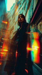 Stylish woman in long coat standing in moody urban alley with vibrant prism light effects