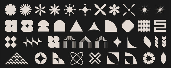 Minimalist geometric shapes collection in brutalist style. Abstract design elements with stars, curves, triangles and simple forms. Modern graphic patterns. Monochrome symbols and decorative motifs