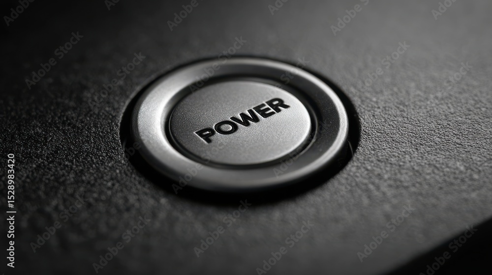 Poster detail of a power supply button on a sleek docking station showcasing a refined metallic finish with
