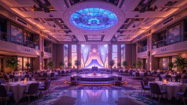 Elegant Luxury Banquet Hall with Stunning Ceiling Design and Ambient Lighting for Celebrations