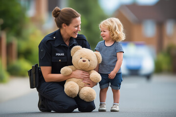 Policewoman kneels to kindly interact with child holding teddy bear. Daytime neighborhood street setting with police car in background. Concept of community support, child safety, law enforcement