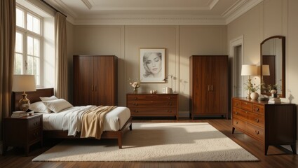 Naklejka premium Spacious and Elegant Bedroom Interior Featuring Wooden Furniture and Natural Light