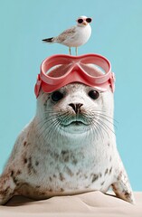 Funny Seal and Seagull on the Beach with Goggles and Sunglasses