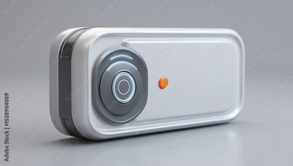 Poster 3d rendering of a compact smart garage door opener with wireless connectivity.