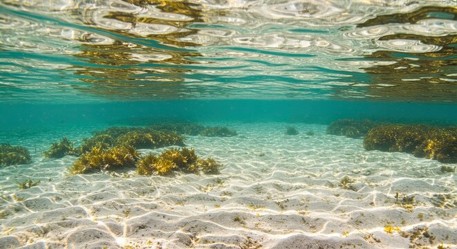 Underwater view of a clear turquoise ocean with sandy seabed and seaweed formations