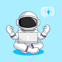 Astronaut with a laptop, thinking about an idea vector illustration cartoon design