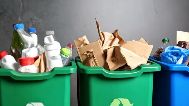 Several colorful recycling bins filled with sorted waste material including plastic, glass, paper and trash