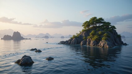 Tranquil Island Surrounded By Calm Waters Under A Golden Sunset With Lush Greenery