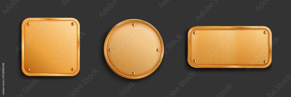Poster gold metal tag collection with screws on dark background. shiny brass plates in square, circular and
