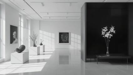 Contemporary Art Gallery Interior Featuring Modern Sculptures and Natural Light Through Windows