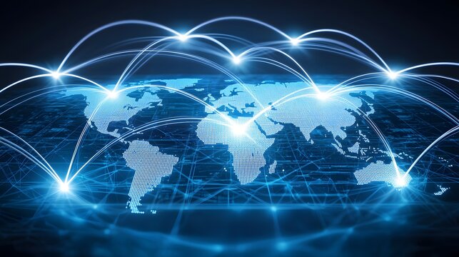 Global Digital Network Connectivity Visualization with Lines and Dots Illustrating Data Flow
