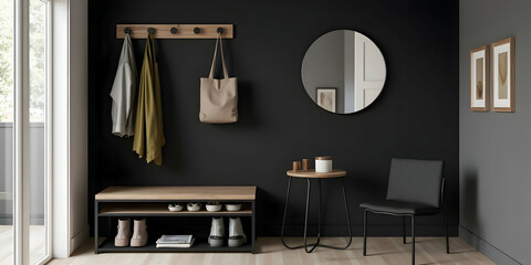 Modern entryway design with black walls, minimalist furniture and natural accents
