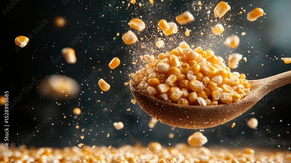 Poster this dynamic image showcases corn kernels exploding from a wooden spoon, highlighting the freshness 