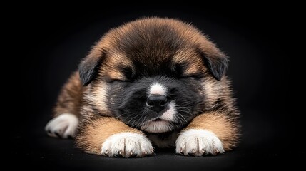 Adorable Sleeping Akita Puppy with Brown and Black Fur Against a Dark Background