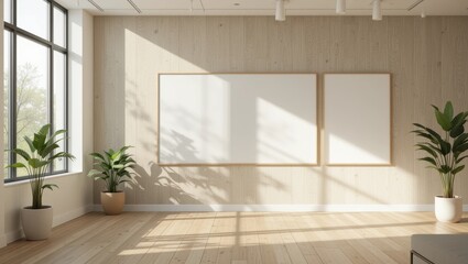 Bright and Minimalist Workspace Featuring Wooden Floors and Natural Light with Potted Plants