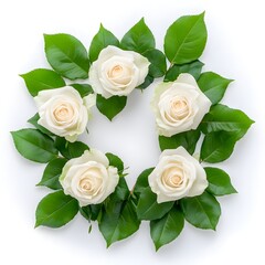 Circular Arrangement of White Roses Surrounded by Lush Green Leaves on a Bright Background