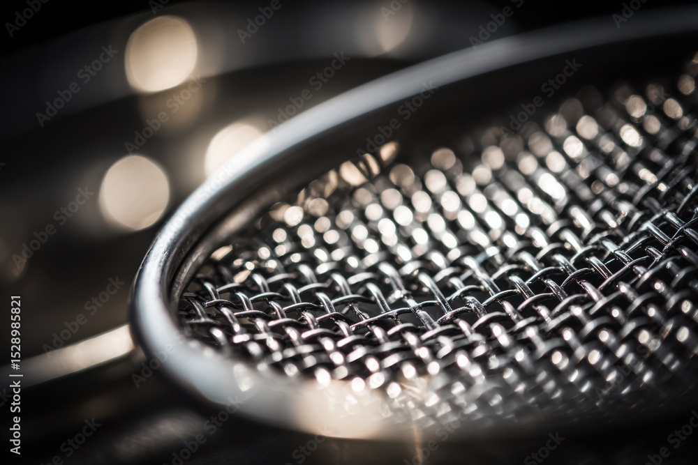Poster detailed macro photograph of a sieve resting on a mixing bowl capturing light and shadows in a kitch