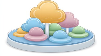 Colorful Pastel Clouds and Playful Shapes on a Circular Base in a Whimsical Design