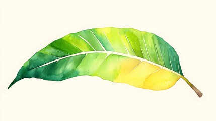 Watercolor Painting of a Vibrant Green and Yellow Leaf with Smooth Curves and Soft Texture