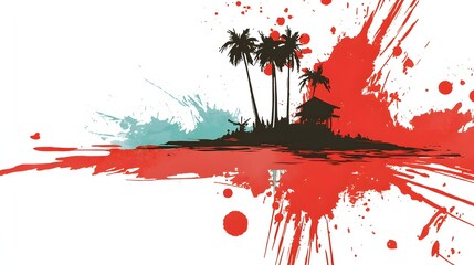 Silhouette of a Tropical Island with Palm Trees and Colorful Abstract Splash Effects