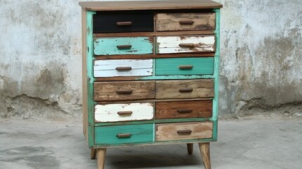 Vintage Wooden Chest of Drawers with Colorful Distressed Finish in Rustic Interior Setting
