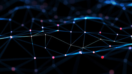 Abstract digital network connecting dots and lines representing data transmission on dark background