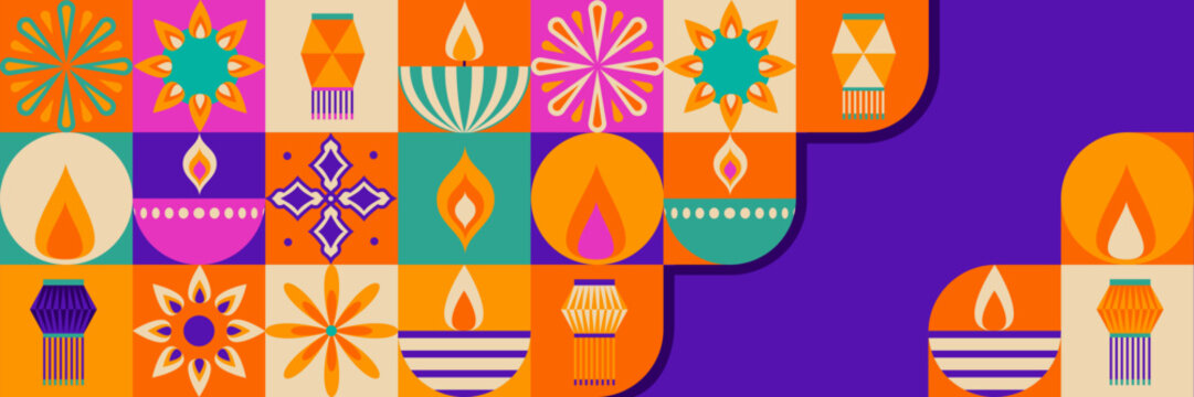 Vibrant Diwali festival pattern with geometric tiles - decorative lantern designs, flame symbols, flowers in squares. Traditional Indian celebration mosaic motifs for modern holiday invitation.