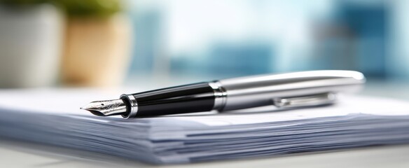 The elegant pen resting on a stack of paperwork in modern office setting