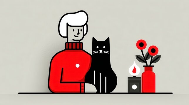 Cozy indoor illustration of a person with a black cat and decorative elements during a calm evening. National Pet Fire Safety Day
