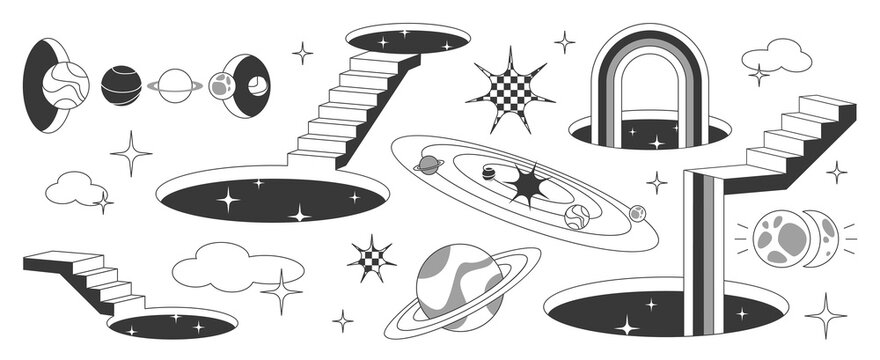 Fototapeta Surreal space portal set with cosmic stairs, celestial door passages and planetary elements. Abstract monochrome universe with floating staircases, mysterious gateways, stars and geometric shapes
