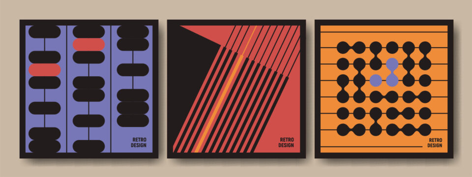 Retro brutalist design poster collection with bold geometric patterns, abstract shapes and diagonal lines. Minimalist graphic compositions for contemporary wall art, modernist prints, branding element