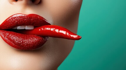A striking close-up of a woman’s lips painted in bold red, playfully showcasing a chili pepper that embodies passion, allure, and spice in an artistic and vibrant fashion.