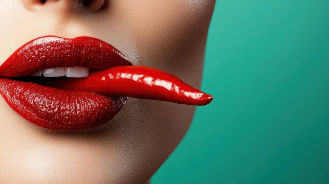 A striking close-up of a woman’s lips painted in bold red, playfully showcasing a chili pepper that embodies passion, allure, and spice in an artistic and vibrant fashion.