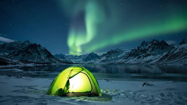 Camping Under the Aurora: Glowing Tent in Arctic Night