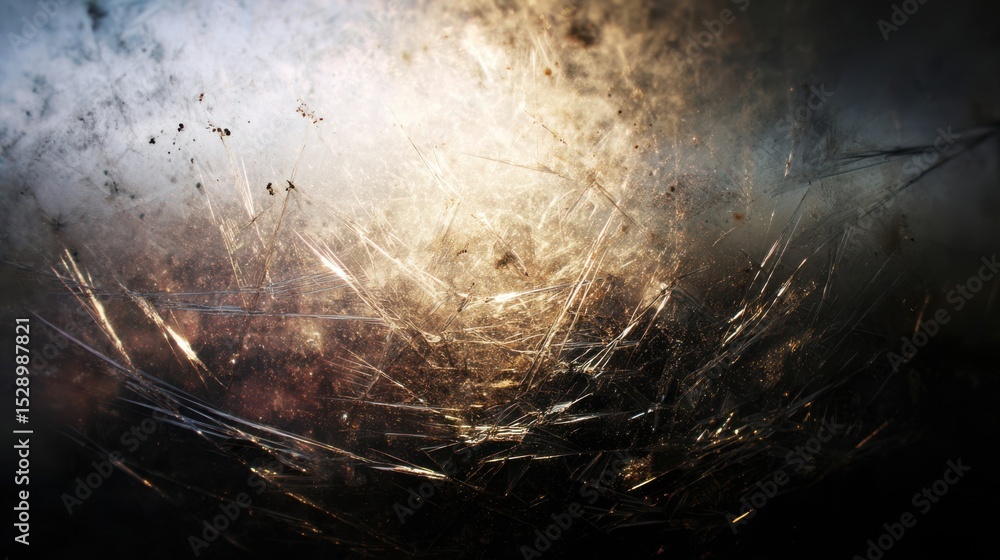 Poster exploring the intricate details of a transparent acrylic panel with subtle scratches illuminated by 