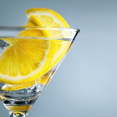Refreshing cocktail glass filled with sparkling water and fresh lemon wedges, showcasing vibrant colors and simplicity