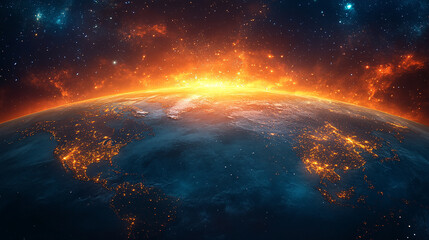 Earth at Sunrise, Glowing Cities and Stunning Space View