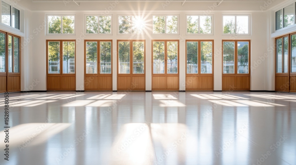 Poster this image showcases a bright, spacious room filled with natural light pouring in through large wind
