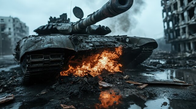 A powerful image depicting a tank engulfed in flames, amidst a devastated war-torn environment, symbolizing destruction and the harsh realities of conflict.