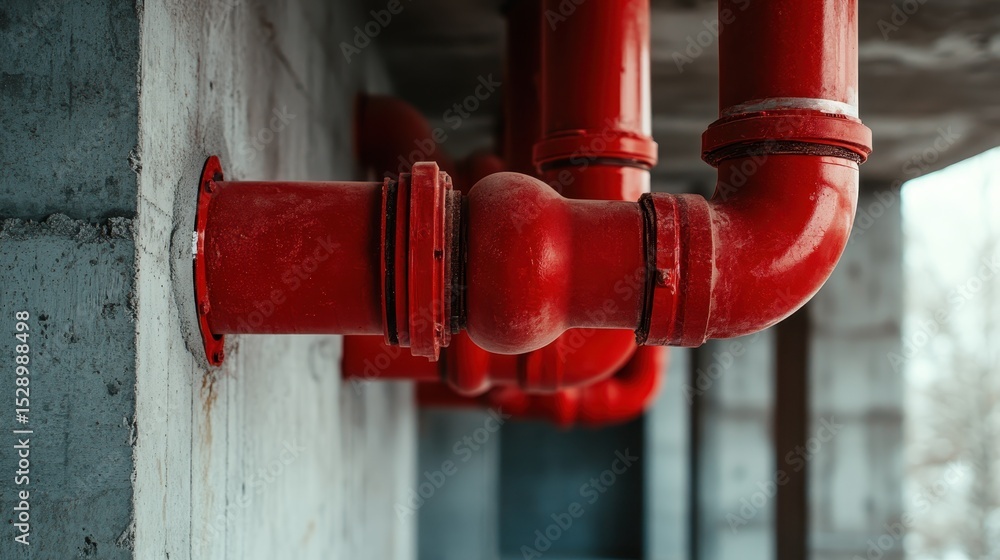 Poster a detailed view of interconnected red pipes showcases industrial design with a sense of functionalit