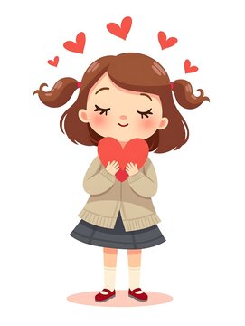 Cartoon girl blowing kisses with hearts illustration isolated on white background