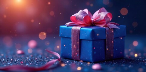 Fototapeta premium Indigo gift box, shimmering bow, celestial glow, enchantment, present