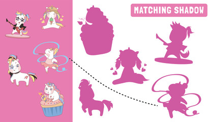 Find the correct shadow. Matching unicorn shadow game for children. Worksheet for kid. Educational printable worksheet