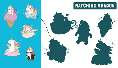 Find the correct shadow. Matching unicorn shadow game for children. Worksheet for kid. Educational printable worksheet