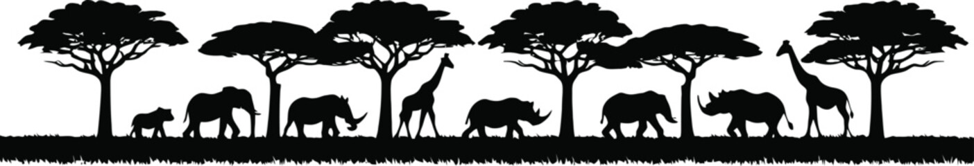 African savanna silhouette with elephants, giraffes, rhinos, trees, and grass on a white background.